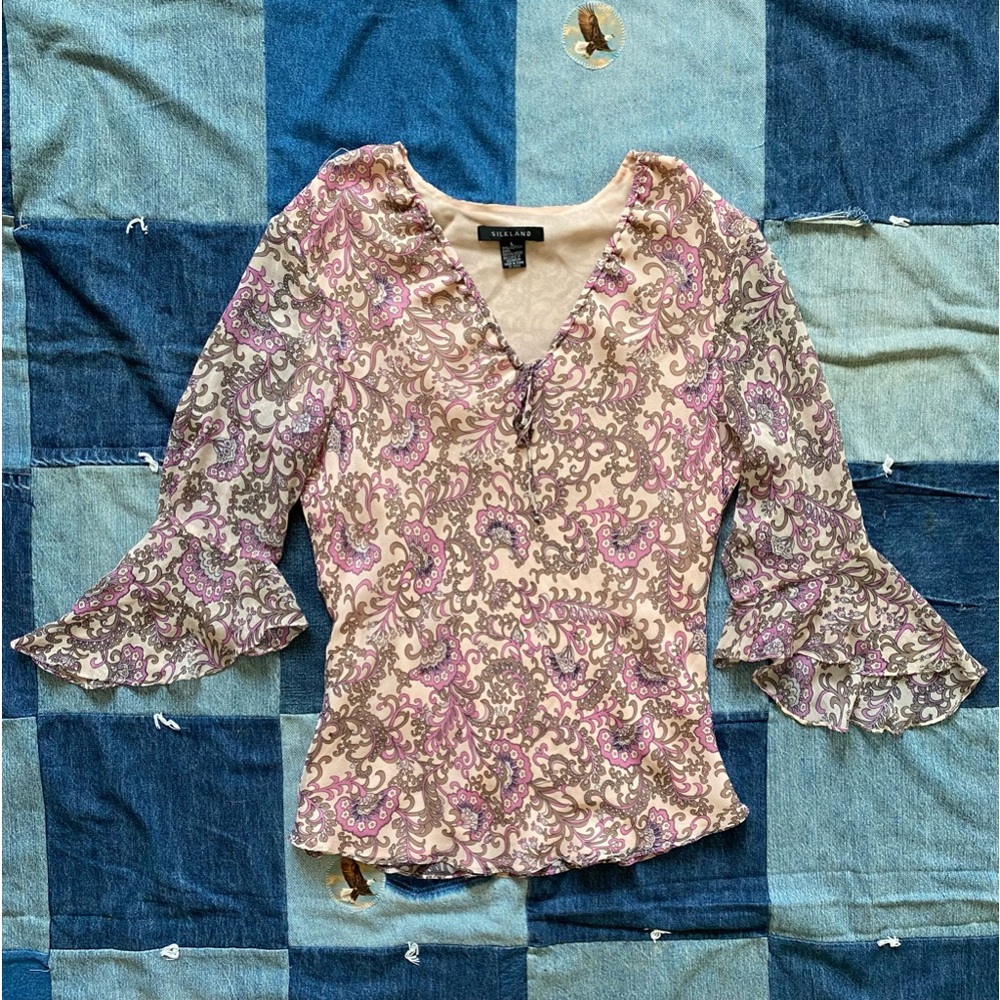 100% silk silkland blouse size L fairy boho flowy